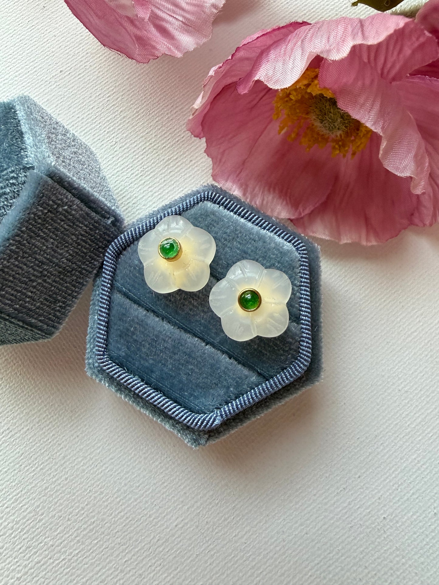 E2227 | Type A Green Cabochon & Icy Snow Jade Earrings