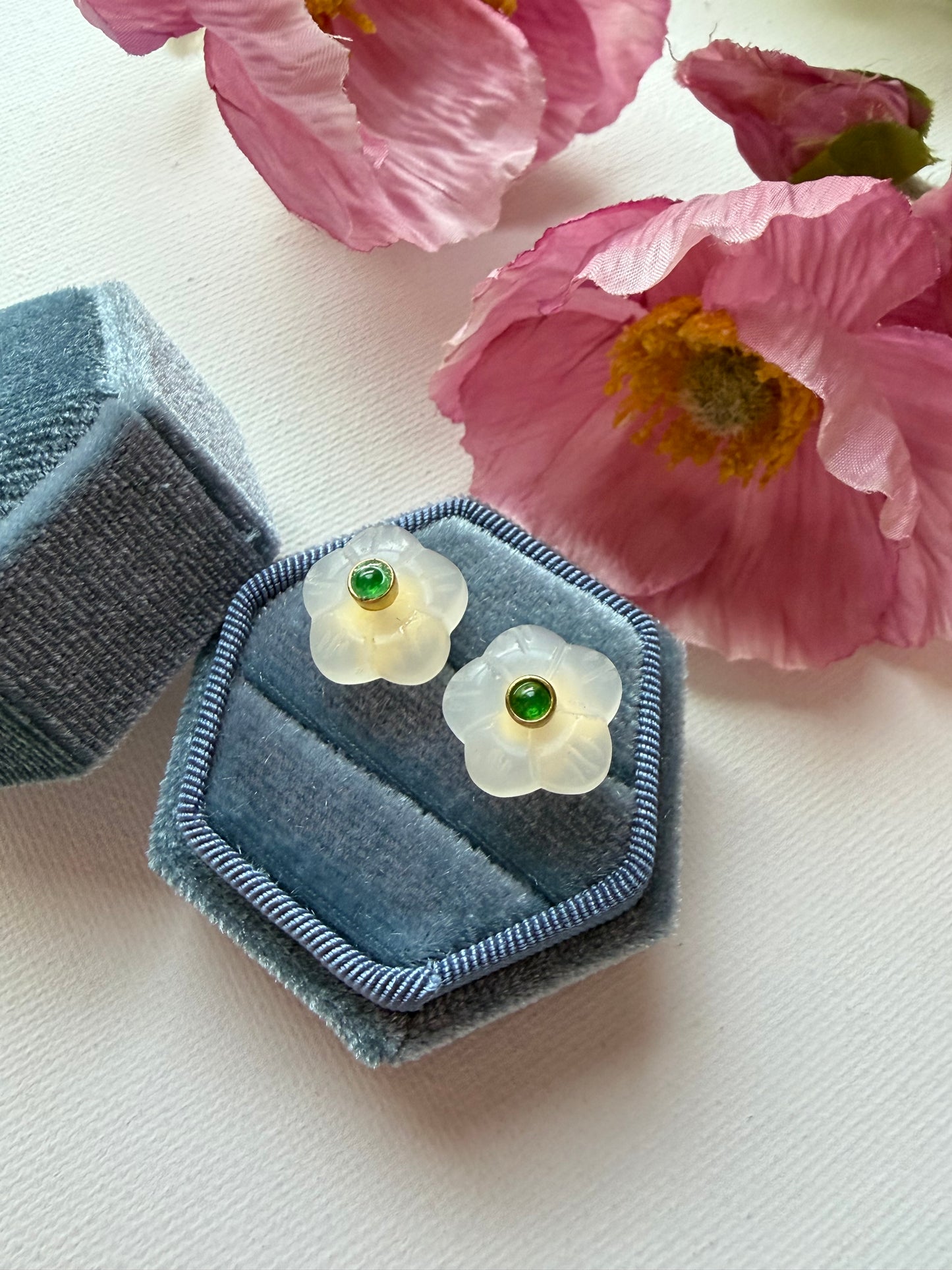 E2227 | Type A Green Cabochon & Icy Snow Jade Earrings