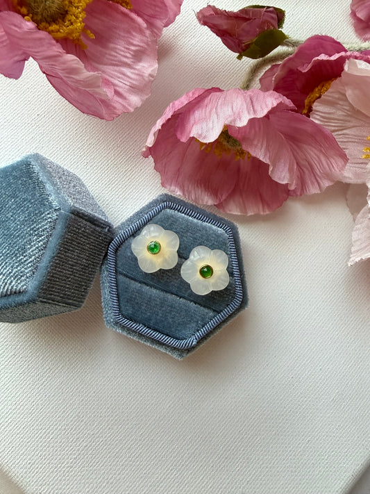 E2227 | Type A Green Cabochon & Icy Snow Jade Earrings