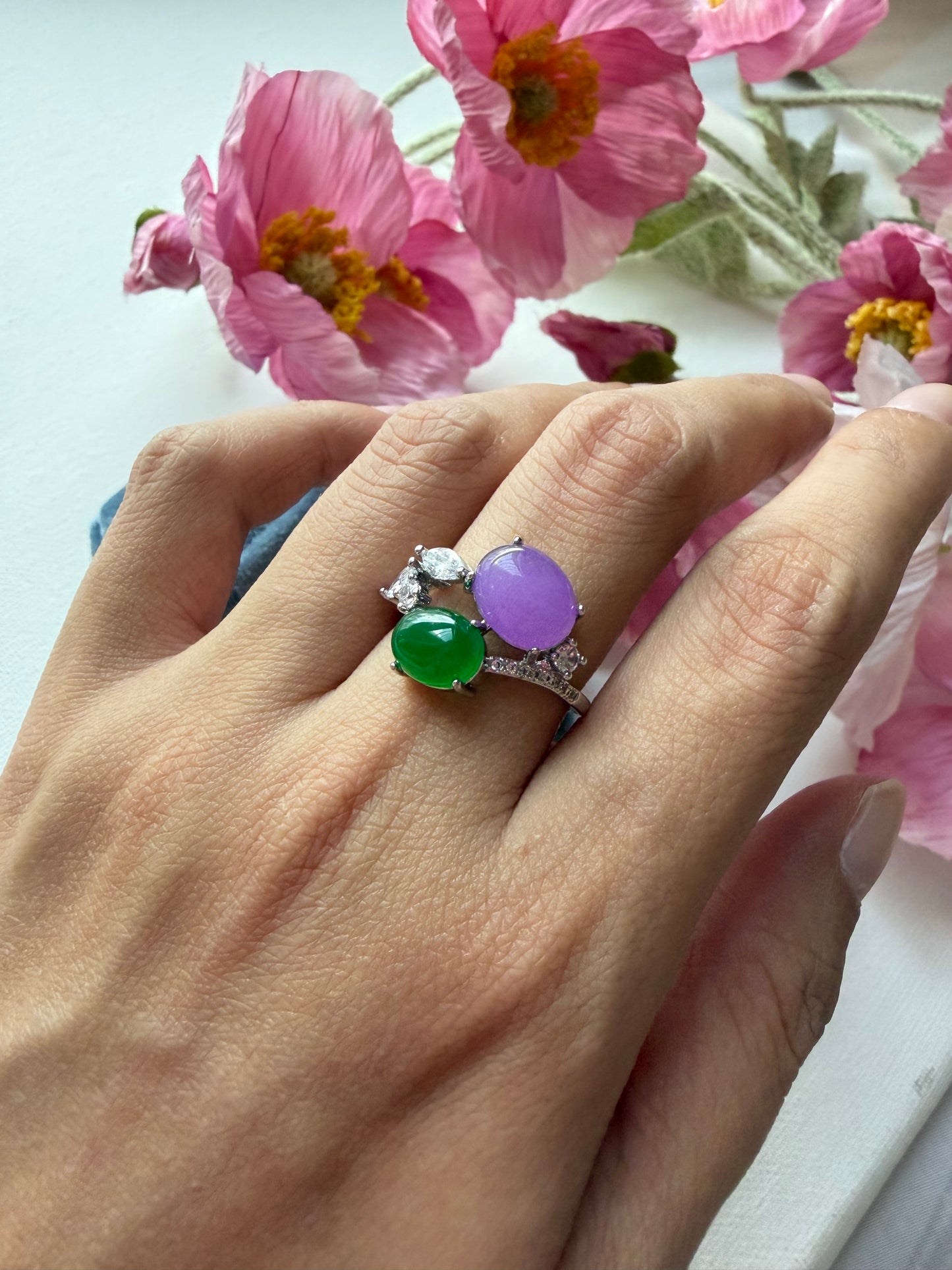 R0246 | Type A Lavender Jade & Green Cabochon Jade Ring