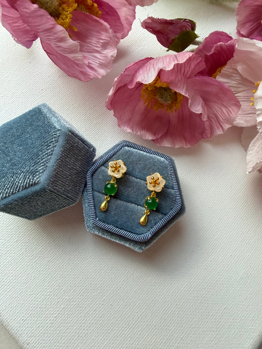 E2225 | Type A Green Cabochon & Icy Snow Jade Earrings