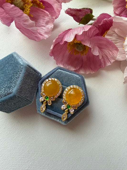 E2226 | Type A Green Cabochon & Icy Orange Jade Earrings
