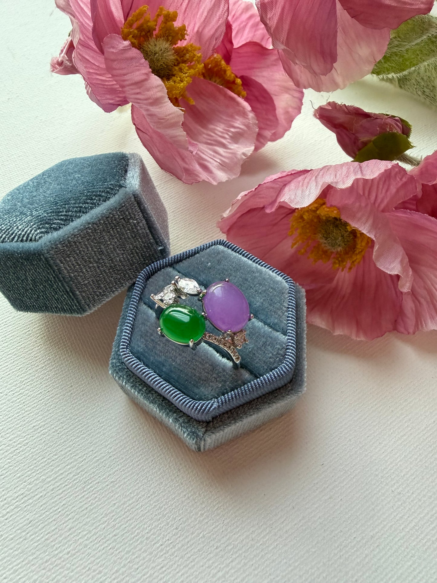 R0246 | Type A Lavender Jade & Green Cabochon Jade Ring