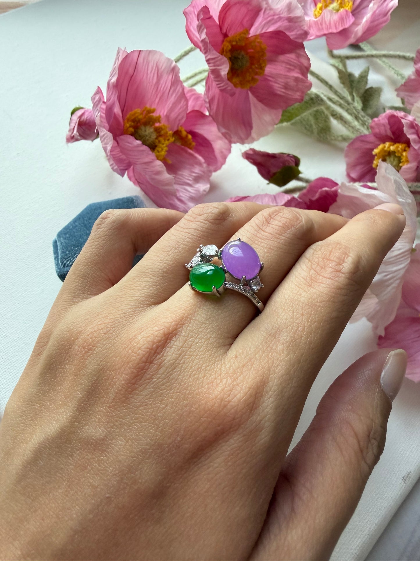 R0246 | Type A Lavender Jade & Green Cabochon Jade Ring