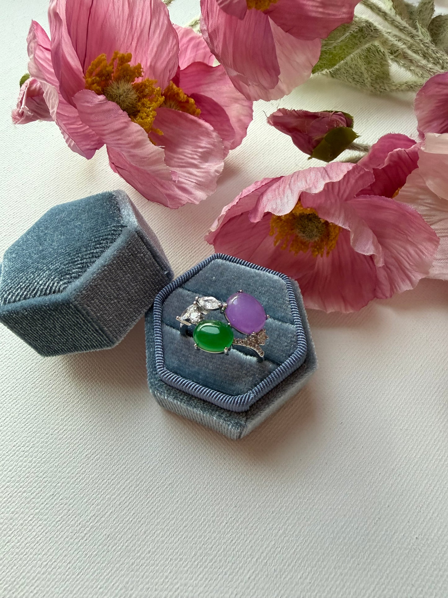 R0246 | Type A Lavender Jade & Green Cabochon Jade Ring