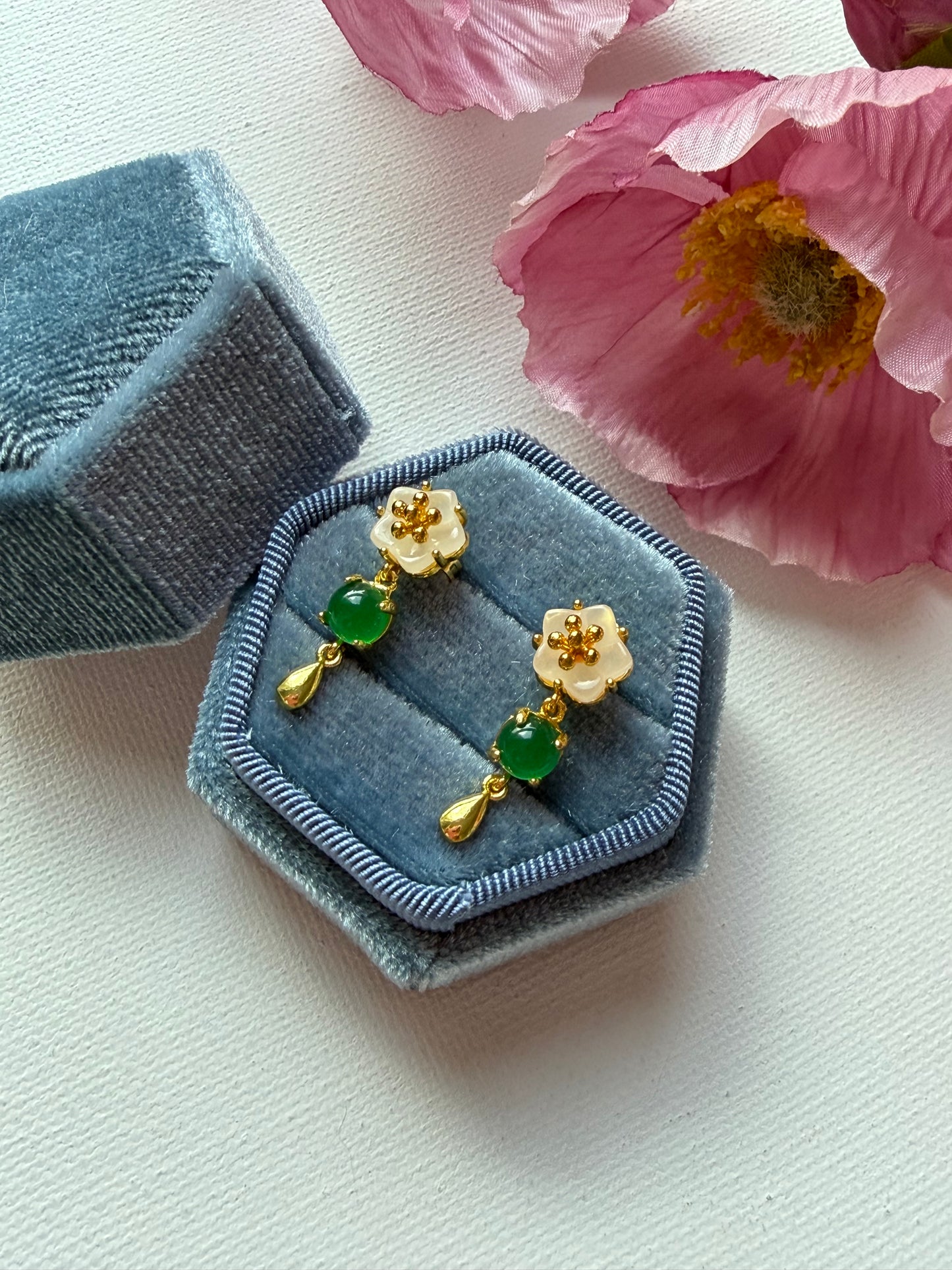 E2225 | Type A Green Cabochon & Icy Snow Jade Earrings