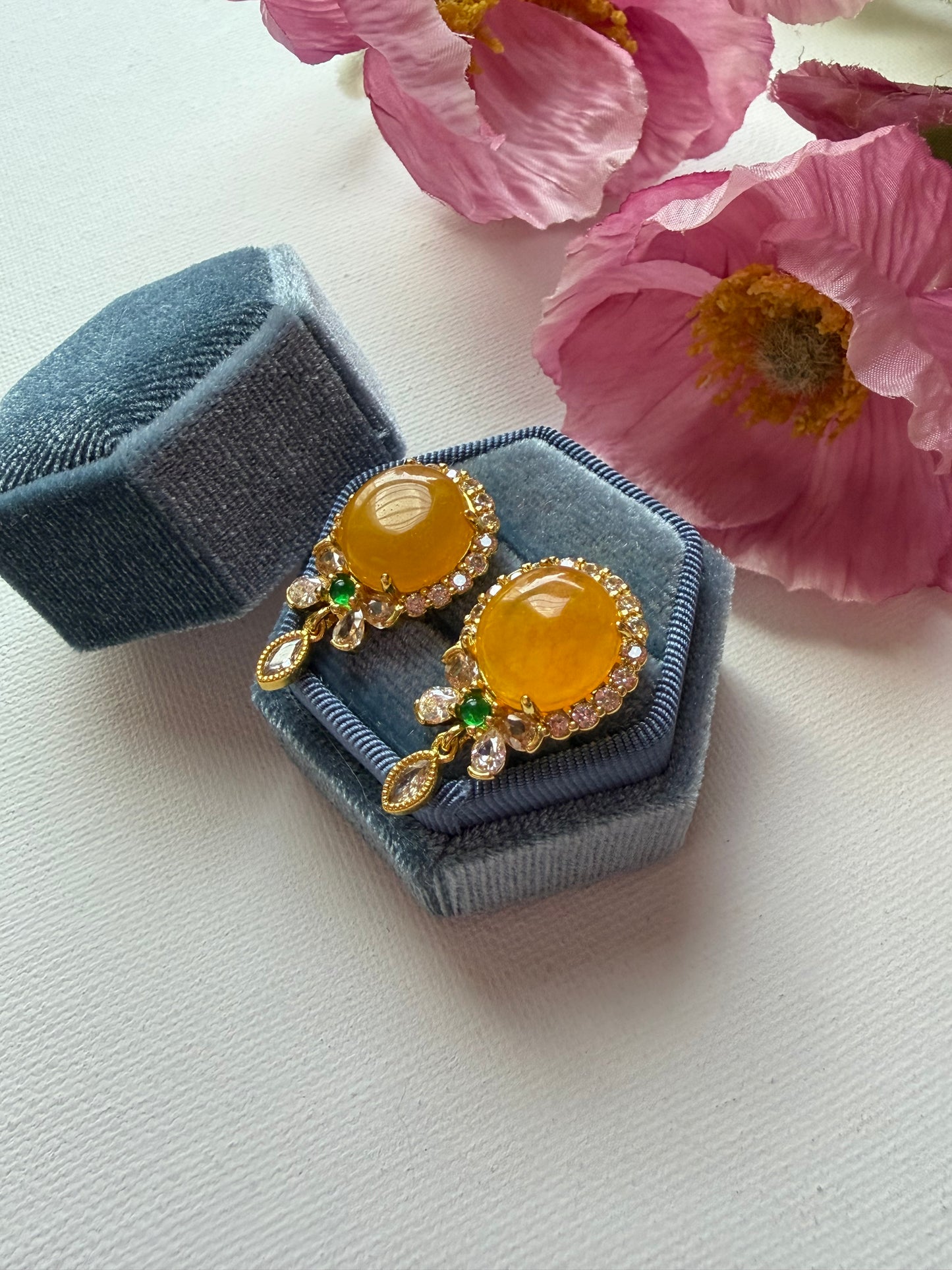 E2226 | Type A Green Cabochon & Icy Orange Jade Earrings