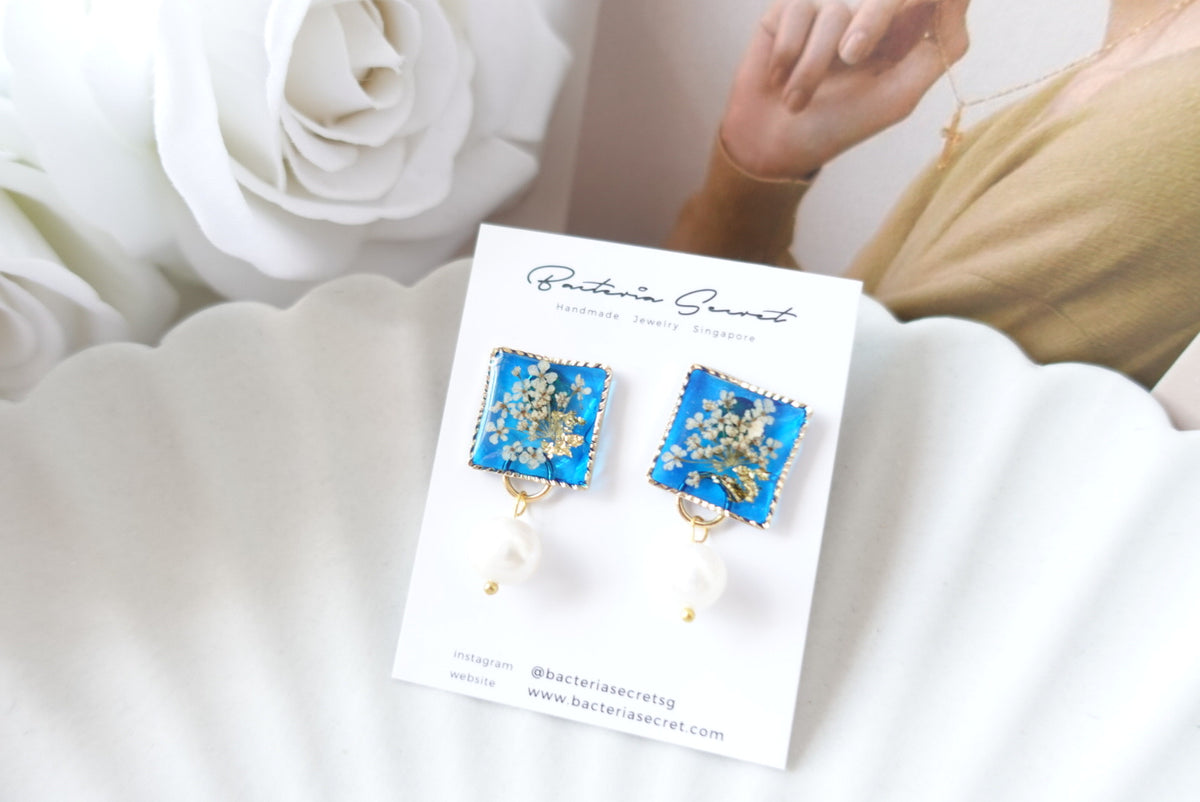 Peranakan Flower Resin Earrings with Fresh Water Pearl