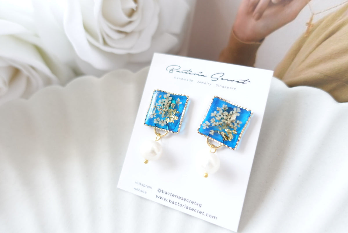Peranakan Flower Resin Earrings with Fresh Water Pearl
