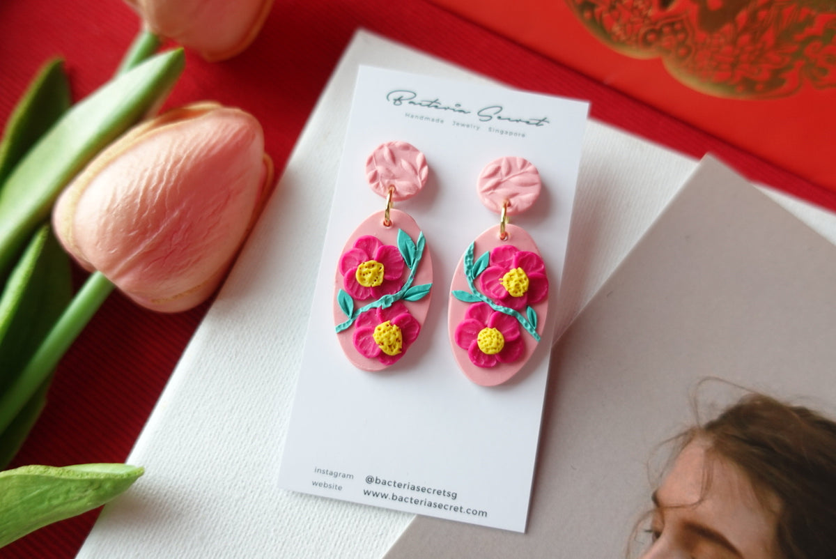 CNY Pink Blossom Bloom Polymer Clay Earrings 5