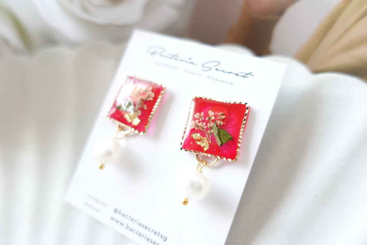 Peranakan Flower Resin Earrings with Fresh Water Pearl