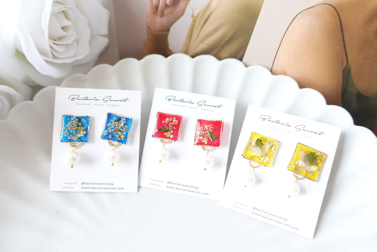 Peranakan Flower Resin Earrings with Fresh Water Pearl