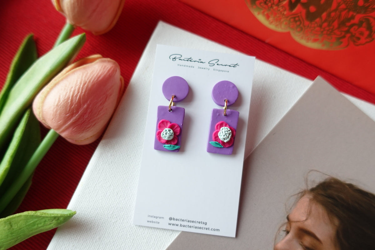 CNY Purple Blossom Bloom Polymer Clay Earrings 6