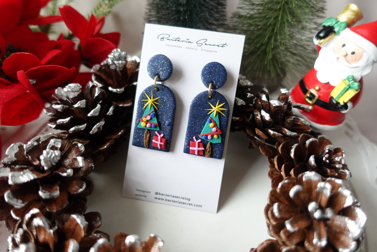 Blue Sparkling Christmas Tree Clay Earrings