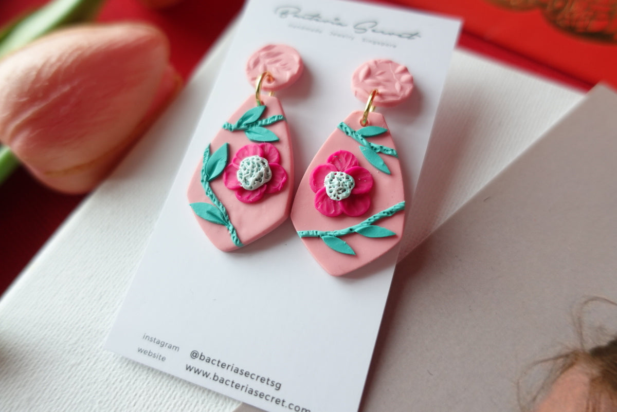 CNY Pink Blossom Bloom Polymer Clay Earrings 1