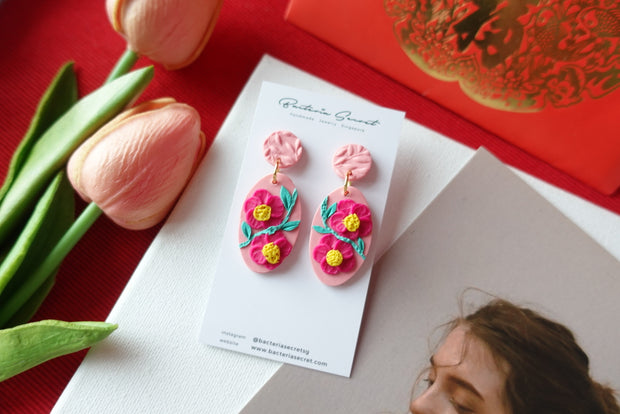 CNY Pink Blossom Bloom Polymer Clay Earrings 5