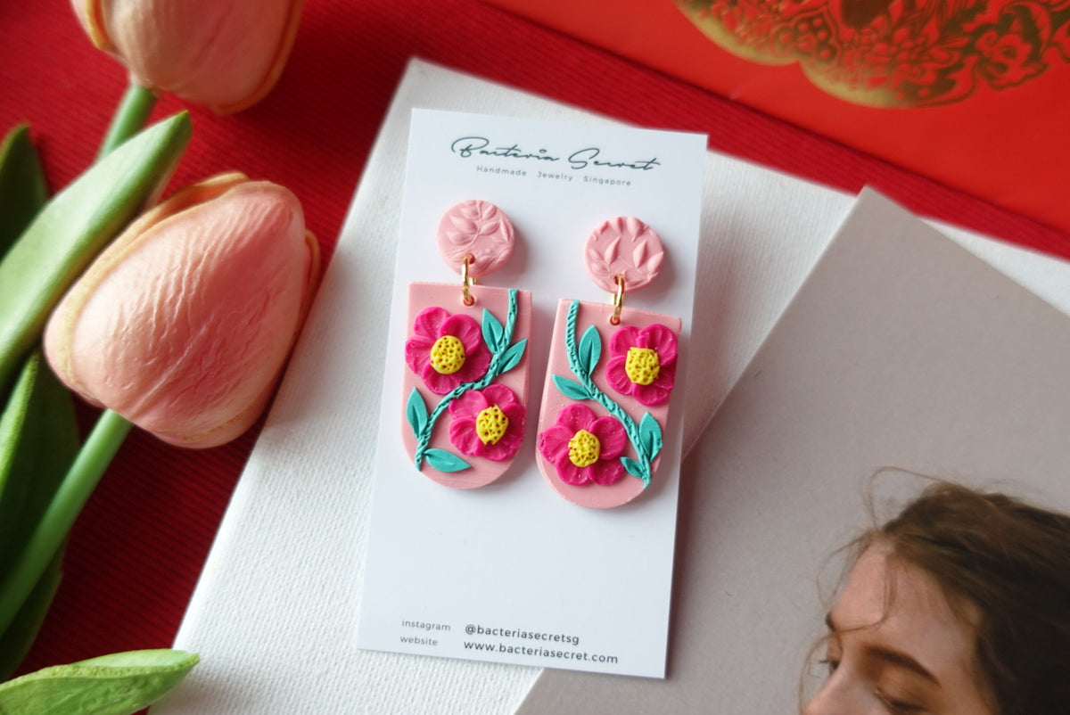 CNY Pink Blossom Bloom Polymer Clay Earrings 3
