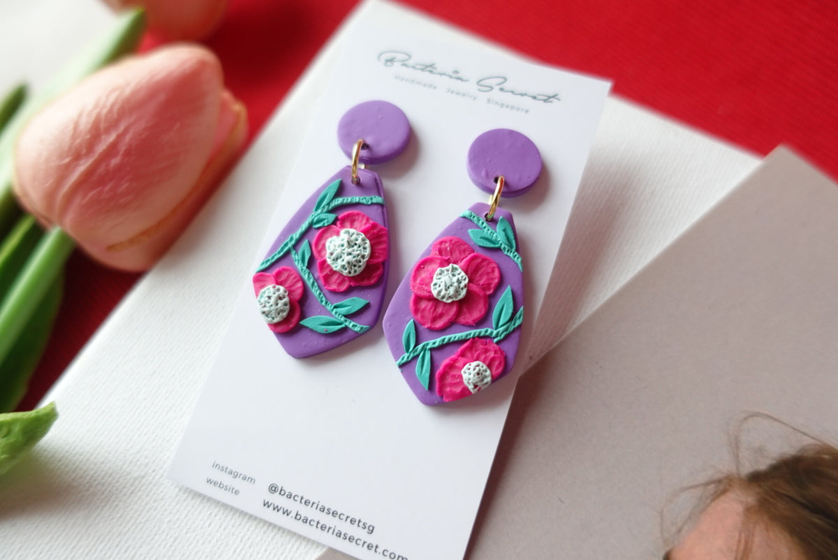 CNY Purple Blossom Bloom Polymer Clay Earrings 1