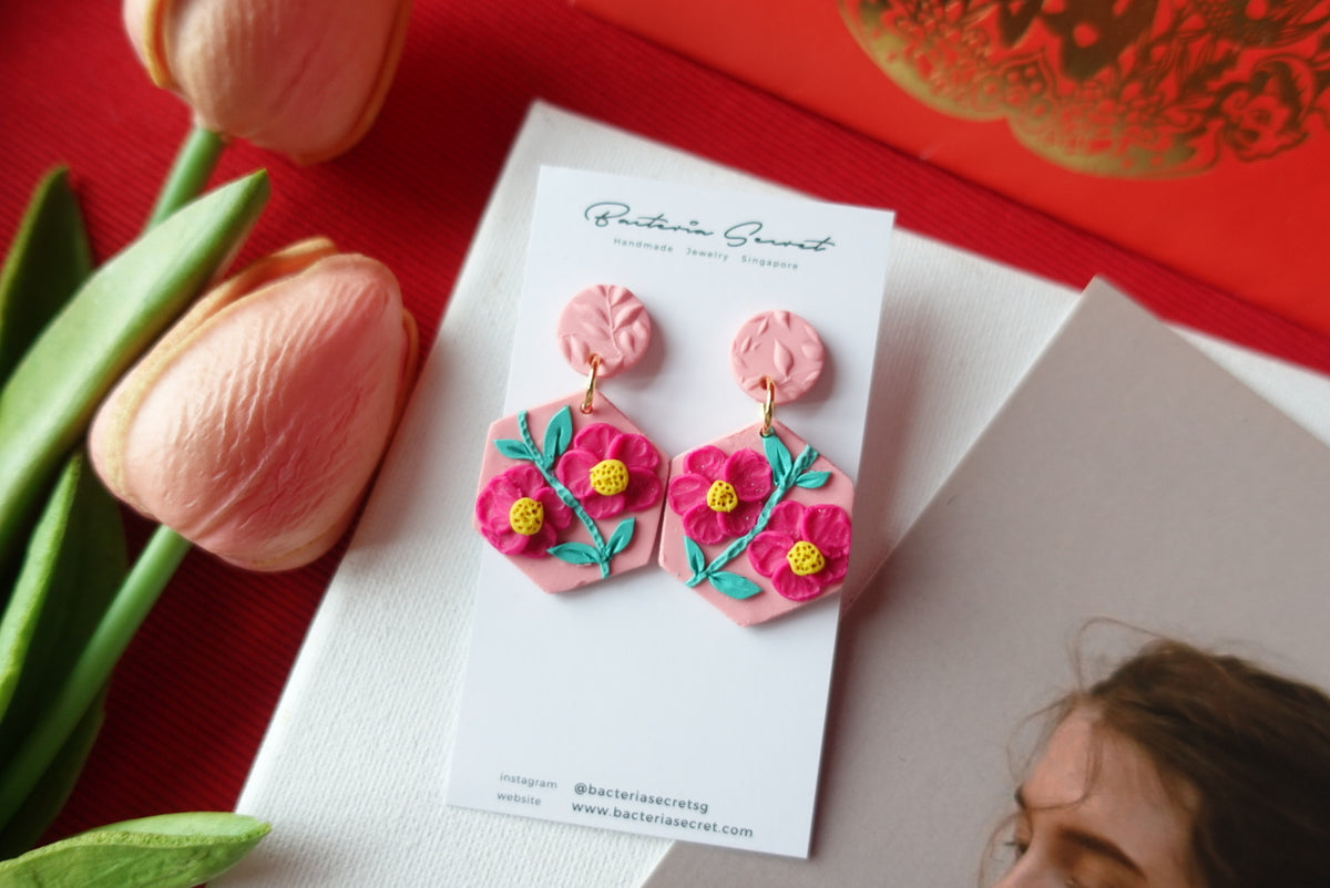 CNY Pink Blossom Bloom Polymer Clay Earrings 2