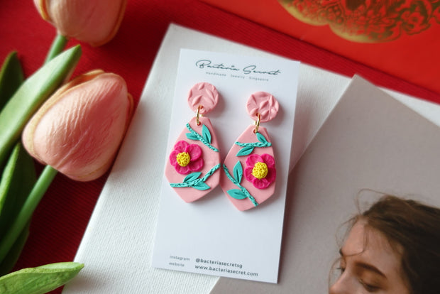 CNY Pink Blossom Bloom Polymer Clay Earrings 4