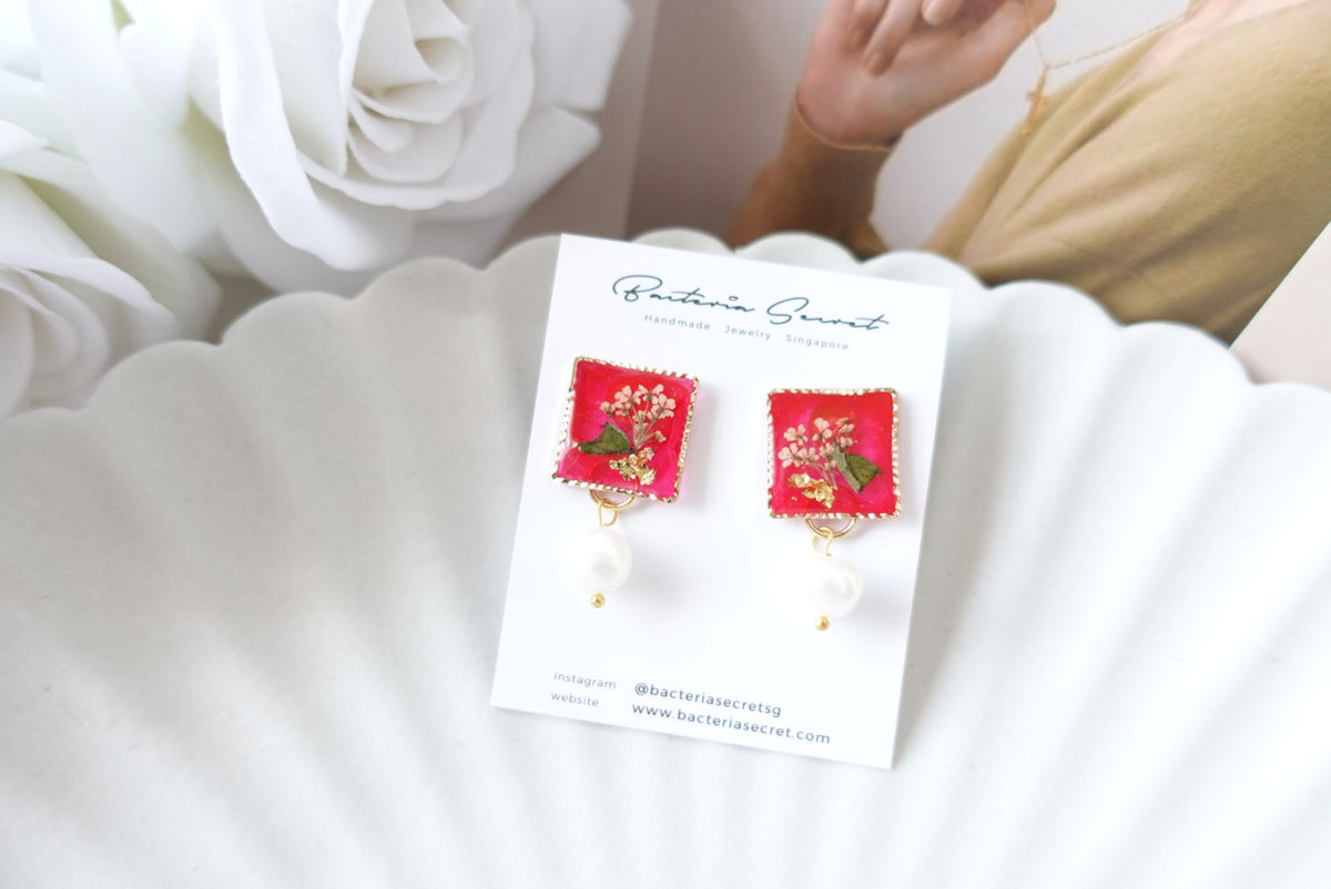 Peranakan Flower Resin Earrings with Fresh Water Pearl