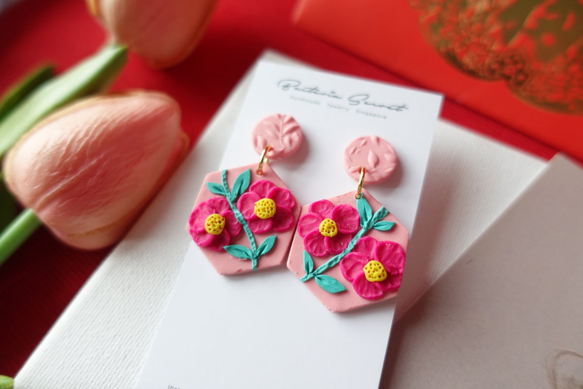 CNY Pink Blossom Bloom Polymer Clay Earrings 2