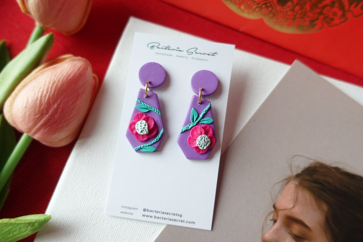 CNY Purple Blossom Bloom Polymer Clay Earrings 5