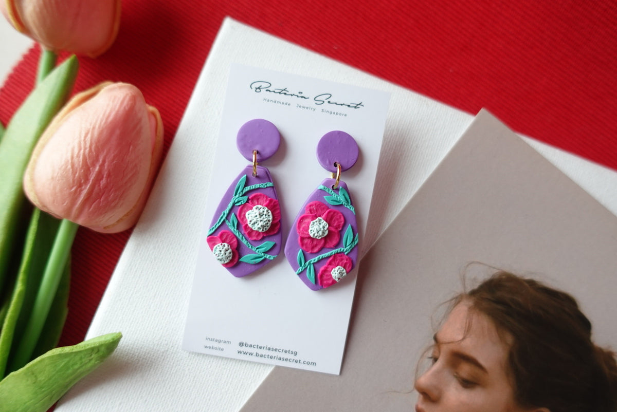 CNY Purple Blossom Bloom Polymer Clay Earrings 1