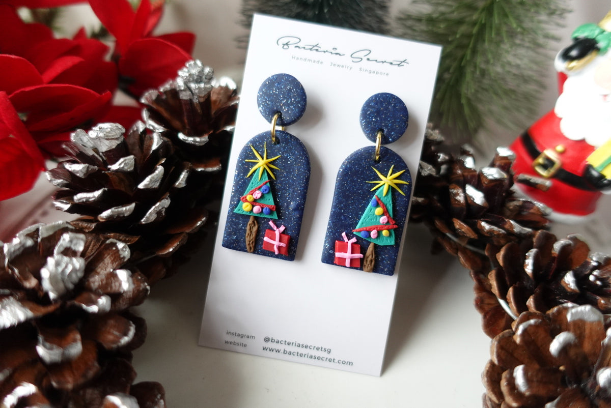 Blue Sparkling Christmas Tree Clay Earrings